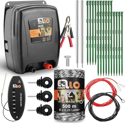 Ellofence Weidezaun Starter Set XL Akku mit 500m Litze und Pfählen (550018)