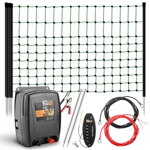 Ellofence Weidezaun Kleintier Set - Leises 12V Akku Weidezaungerät, 12m elektrifizierbares Netz (550028)